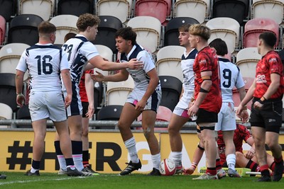 270426 - Coleg Gwent v Cardiff and Vale College - WSC Boys U18 Development Final -  Road To Principality Finals - Louie Hurley of Cardiff and Vale College celebrates scoring a try with team mates