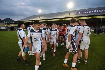 270426 - Coleg Gwent v Cardiff and Vale College - WSC Boys U18 Development Final -  Road To Principality Finals - Cardiff players celebrate the win at full time