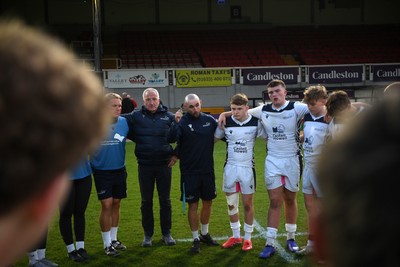 270426 - Coleg Gwent v Cardiff and Vale College - WSC Boys U18 Development Final -  Road To Principality Finals - Cardiff huddle at full time