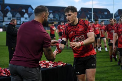 270426 - Coleg Gwent v Cardiff and Vale College - WSC Boys U18 Development Final -  Road To Principality Finals - Coleg Gwent players collect their medals at full time