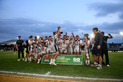 270426 - Coleg Gwent v Cardiff and Vale College - WSC Boys U18 Development Final -  Road To Principality Finals - Cardiff players celebrate lifting the trophy at full time