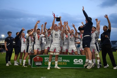 270426 - Coleg Gwent v Cardiff and Vale College - WSC Boys U18 Development Final -  Road To Principality Finals - Cardiff players celebrate lifting the trophy at full time