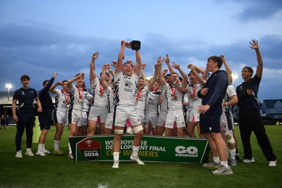 270426 - Coleg Gwent v Cardiff and Vale College - WSC Boys U18 Development Final -  Road To Principality Finals - Cardiff players celebrate lifting the trophy at full time