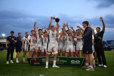 270426 - Coleg Gwent v Cardiff and Vale College - WSC Boys U18 Development Final -  Road To Principality Finals - Cardiff players celebrate lifting the trophy at full time