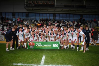 270426 - Coleg Gwent v Cardiff and Vale College - WSC Boys U18 Development Final -  Road To Principality Finals - Cardiff players celebrate lifting the trophy at full time