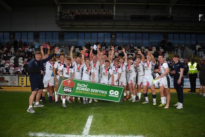 270426 - Coleg Gwent v Cardiff and Vale College - WSC Boys U18 Development Final -  Road To Principality Finals - Cardiff players celebrate lifting the trophy at full time