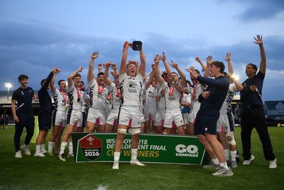 270426 - Coleg Gwent v Cardiff and Vale College - WSC Boys U18 Development Final -  Road To Principality Finals - Cardiff players celebrate lifting the trophy at full time