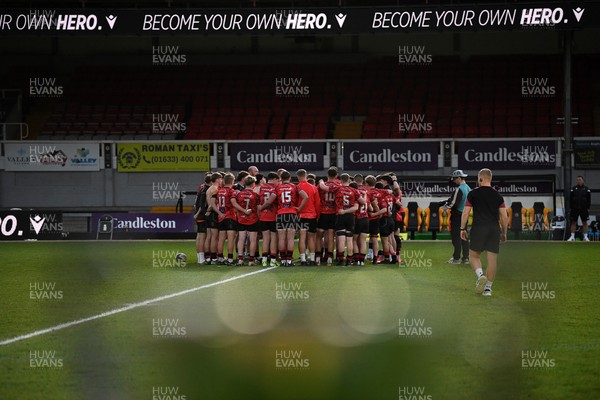 270426 - Coleg Gwent v Cardiff and Vale College - WSC Boys U18 Development Final -  Road To Principality Finals - Coleg Gwent huddle at full time