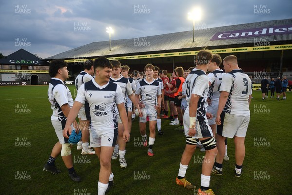 270426 - Coleg Gwent v Cardiff and Vale College - WSC Boys U18 Development Final -  Road To Principality Finals - Cardiff players celebrate the win at full time