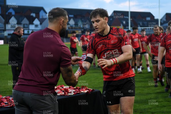 270426 - Coleg Gwent v Cardiff and Vale College - WSC Boys U18 Development Final -  Road To Principality Finals - Coleg Gwent players collect their medals at full time