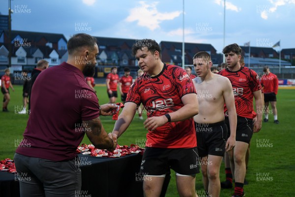 270426 - Coleg Gwent v Cardiff and Vale College - WSC Boys U18 Development Final -  Road To Principality Finals - Coleg Gwent players collect their medals at full time