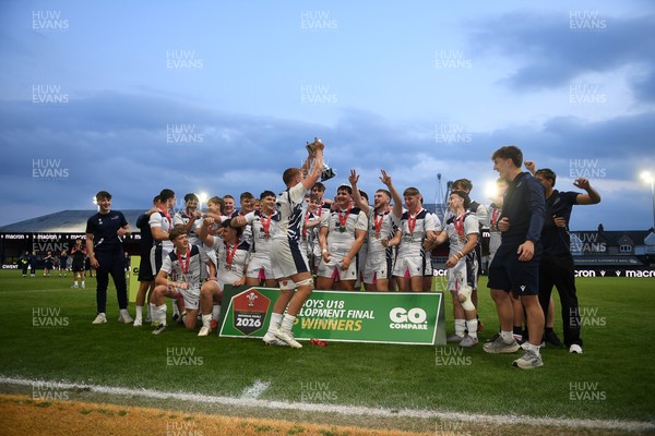 270426 - Coleg Gwent v Cardiff and Vale College - WSC Boys U18 Development Final -  Road To Principality Finals - Cardiff players celebrate lifting the trophy at full time