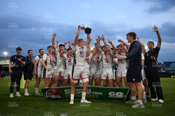 270426 - Coleg Gwent v Cardiff and Vale College - WSC Boys U18 Development Final -  Road To Principality Finals - Cardiff players celebrate lifting the trophy at full time