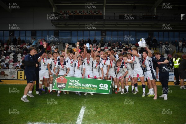 270426 - Coleg Gwent v Cardiff and Vale College - WSC Boys U18 Development Final -  Road To Principality Finals - Cardiff players celebrate lifting the trophy at full time