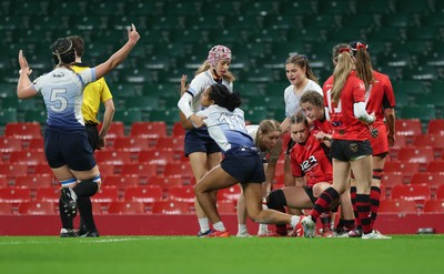 101225 - Coleg Gwent v Llandovery College Welsh Schools and Colleges Girls U18 Final - Zillah Radrodro of Llandovery College celebrates after scoring try