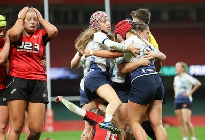 101225 - Coleg Gwent v Llandovery College Welsh Schools and Colleges Girls U18 Final - Grace Hulbert of Llandovery College powers over to score try