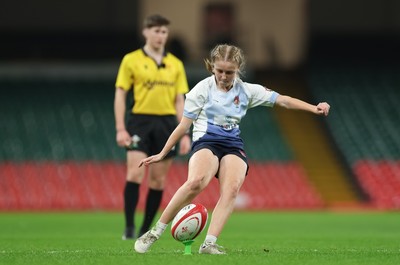 101225 - Coleg Gwent v Llandovery College Welsh Schools and Colleges Girls U18 Final - Breannagh Davidson of Llandovery College takes a conversion