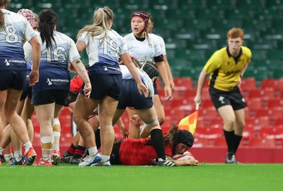 101225 - Coleg Gwent v Llandovery College Welsh Schools and Colleges Girls U18 Final - Grace Boyd of Coleg Gwent powers over to score try