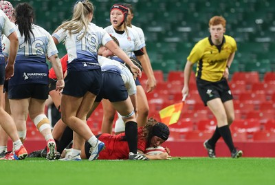 101225 - Coleg Gwent v Llandovery College Welsh Schools and Colleges Girls U18 Final - Grace Boyd of Coleg Gwent powers over to score try
