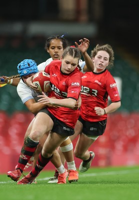 101225 - Coleg Gwent v Llandovery College Welsh Schools and Colleges Girls U18 Final - Ruby Cole of Coleg Gwent is tackled