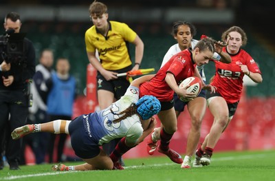 101225 - Coleg Gwent v Llandovery College Welsh Schools and Colleges Girls U18 Final - Ruby Cole of Coleg Gwent is tackled