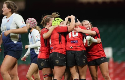 101225 - Coleg Gwent v Llandovery College Welsh Schools and Colleges Girls U18 Final - Sienna McCormack of Coleg Gwent celebrates with team mates after scoring try