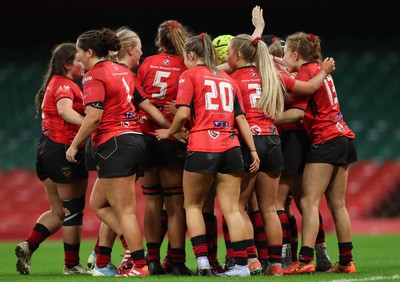 101225 - Coleg Gwent v Llandovery College Welsh Schools and Colleges Girls U18 Final - Sienna McCormack of Coleg Gwent celebrates with team mates after scoring try