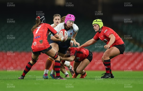 101225 - Coleg Gwent v Llandovery College Welsh Schools and Colleges Girls U18 Final - Betsan Yip of Llandovery College is tackled