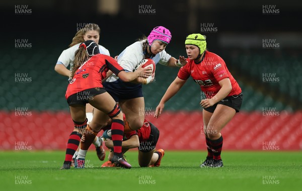 101225 - Coleg Gwent v Llandovery College Welsh Schools and Colleges Girls U18 Final - Betsan Yip of Llandovery College is tackled