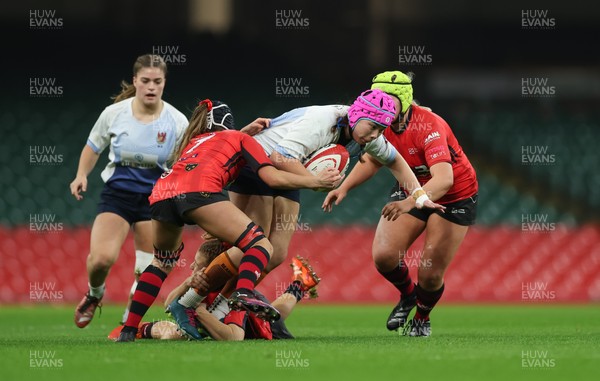101225 - Coleg Gwent v Llandovery College Welsh Schools and Colleges Girls U18 Final - Betsan Yip of Llandovery College is tackled