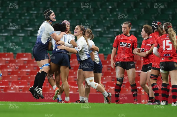 101225 - Coleg Gwent v Llandovery College Welsh Schools and Colleges Girls U18 Final - Zillah Radrodro of Llandovery College celebrates after scoring try