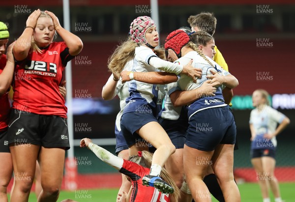 101225 - Coleg Gwent v Llandovery College Welsh Schools and Colleges Girls U18 Final - Grace Hulbert of Llandovery College powers over to score try