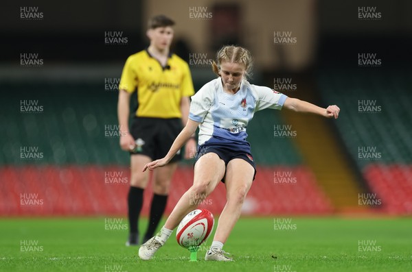 101225 - Coleg Gwent v Llandovery College Welsh Schools and Colleges Girls U18 Final - Breannagh Davidson of Llandovery College takes a conversion