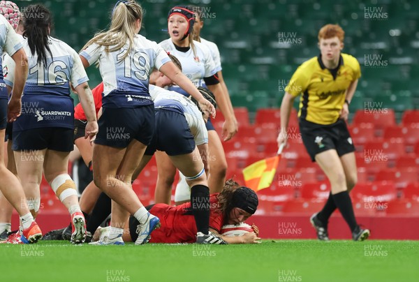 101225 - Coleg Gwent v Llandovery College Welsh Schools and Colleges Girls U18 Final - Grace Boyd of Coleg Gwent powers over to score try