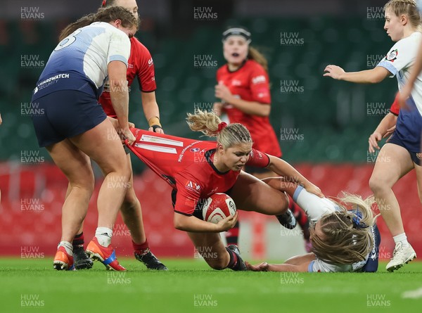 101225 - Coleg Gwent v Llandovery College Welsh Schools and Colleges Girls U18 Final - Catrin Williams of Coleg Gwent is tackled
