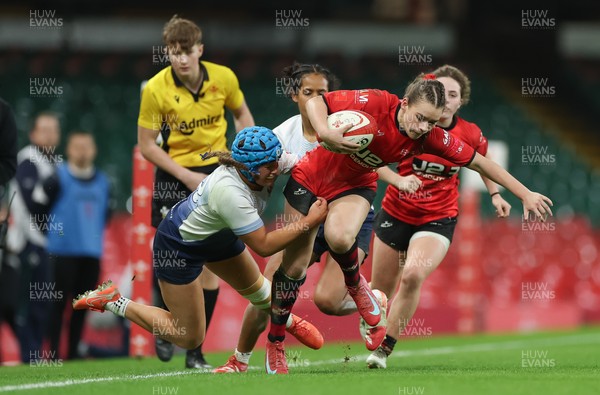 101225 - Coleg Gwent v Llandovery College Welsh Schools and Colleges Girls U18 Final - Ruby Cole of Coleg Gwent is tackled