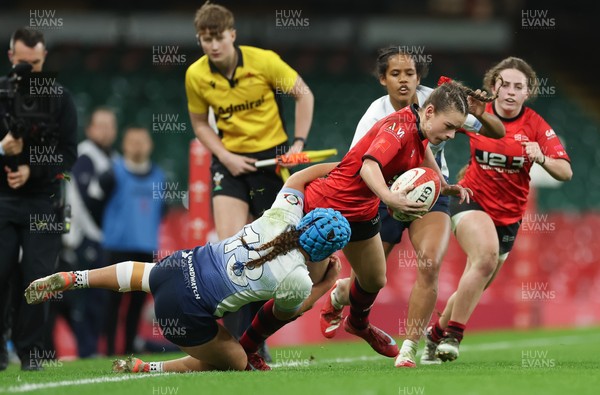 101225 - Coleg Gwent v Llandovery College Welsh Schools and Colleges Girls U18 Final - Ruby Cole of Coleg Gwent is tackled
