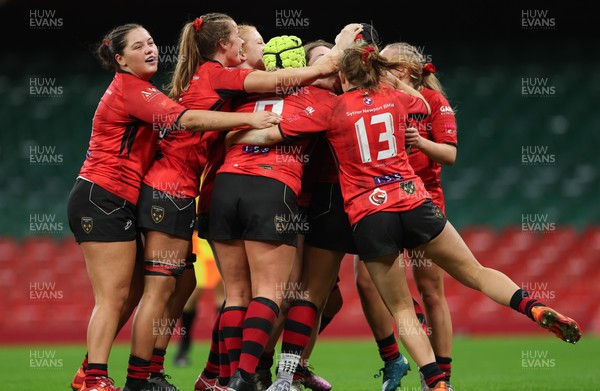 101225 - Coleg Gwent v Llandovery College Welsh Schools and Colleges Girls U18 Final - Sienna McCormack of Coleg Gwent celebrates with team mates after scoring try