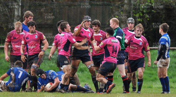 180412 - Coleg Morgannwg v Bridgend College - WRU College League -Colge Morgannwg celebrate a James Sheeky try