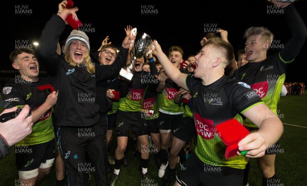 080119 -  Coleg Sir Gar v Coleg y Cymoedd, National Schools and Colleges League Final - Coleg y Cymoedd captains Ieuan Pring and Ioan Evans celebrate with team mates after winning the National Schools and Colleges League Final