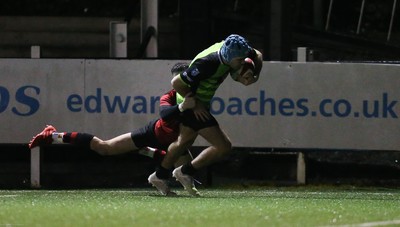 140120 - Coleg y Cymoedd v Coleg Gwent, WRU National Schools and Colleges League Final - Cavan Davies of Coleg y Cymoedd races in to score try