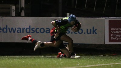 140120 - Coleg y Cymoedd v Coleg Gwent, WRU National Schools and Colleges League Final - Cavan Davies of Coleg y Cymoedd races in to score try