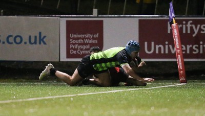 140120 - Coleg y Cymoedd v Coleg Gwent, WRU National Schools and Colleges League Final - Cavan Davies of Coleg y Cymoedd races in to score try