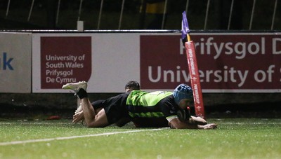 140120 - Coleg y Cymoedd v Coleg Gwent, WRU National Schools and Colleges League Final - Cavan Davies of Coleg y Cymoedd races in to score try