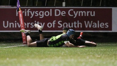 140120 - Coleg y Cymoedd v Coleg Gwent, WRU National Schools and Colleges League Final - Cavan Davies of Coleg y Cymoedd races in to score try