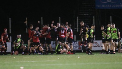 140120 - Coleg y Cymoedd v Coleg Gwent, WRU National Schools and Colleges League Final - Coleg Gwent players celebrate on the final whistle