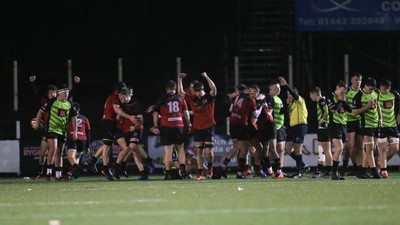 140120 - Coleg y Cymoedd v Coleg Gwent, WRU National Schools and Colleges League Final - Coleg Gwent players celebrate on the final whistle