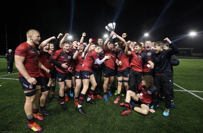 140120 - Coleg y Cymoedd v Coleg Gwent, WRU National Schools and Colleges League Final - Coleg Gwent celebrate after beating Coleg y Cymoedd in the final