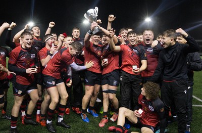 140120 - Coleg y Cymoedd v Coleg Gwent, WRU National Schools and Colleges League Final - Coleg Gwent celebrate after beating Coleg y Cymoedd in the final