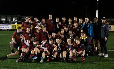 140120 - Coleg y Cymoedd v Coleg Gwent, WRU National Schools and Colleges League Final - Coleg Gwent celebrate after beating Coleg y Cymoedd in the final